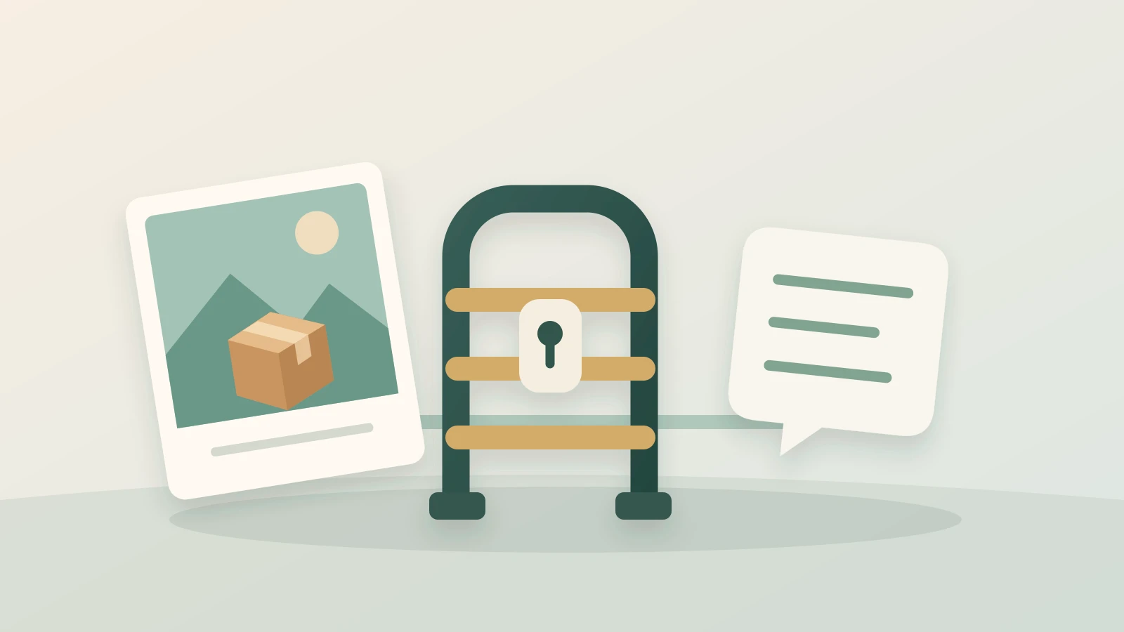 A product-photo card waits beside a closed upload gate, while a separate conversation card represents the resulting description.