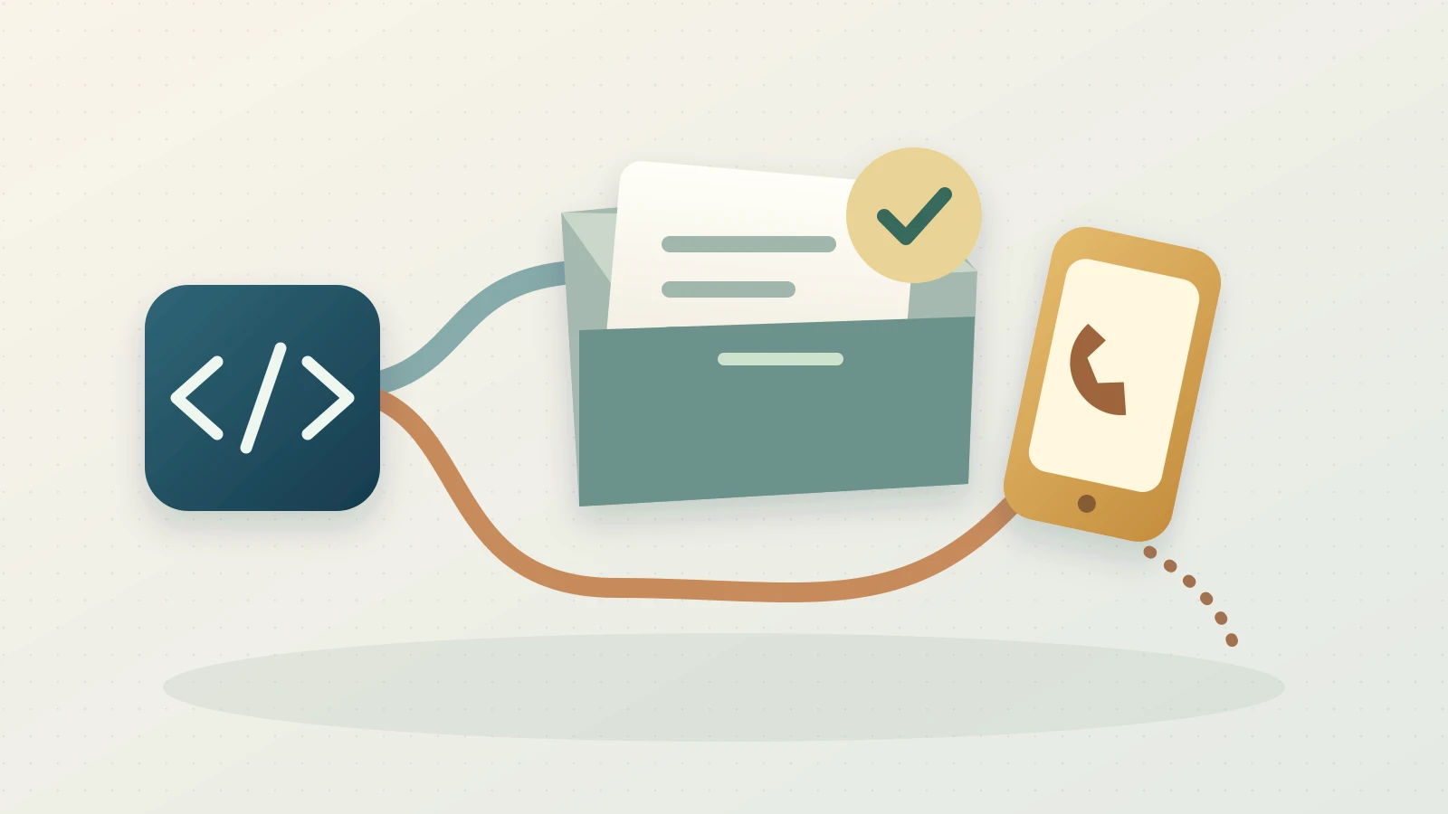 A branching API path leads to a sample-data folder, while a separate telephone path remains connected to the outside.