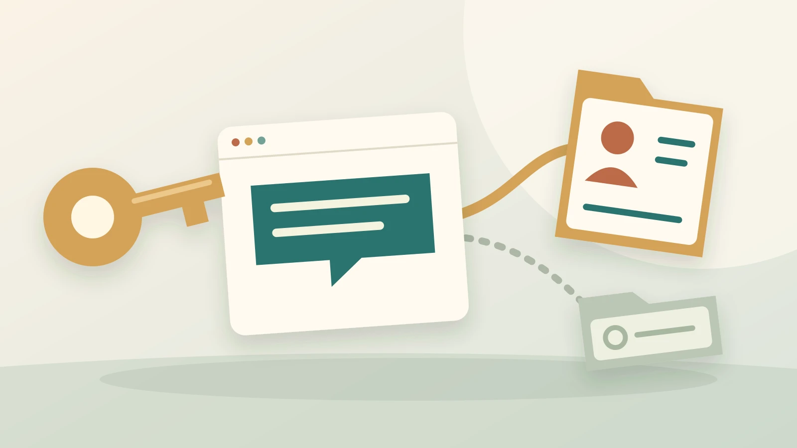 An identity key passes through a chat window toward one customer file, while a separate blank file represents an anonymous handoff.