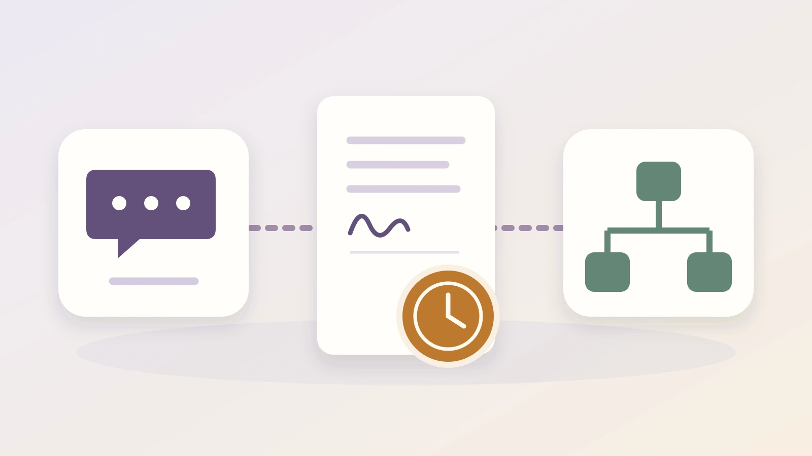 A conversation module and a workflow module remain separated by an agreement document and an amber clock.
