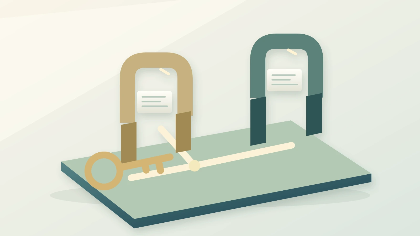 A shared key branches toward two separate gateways and distinct workspaces.