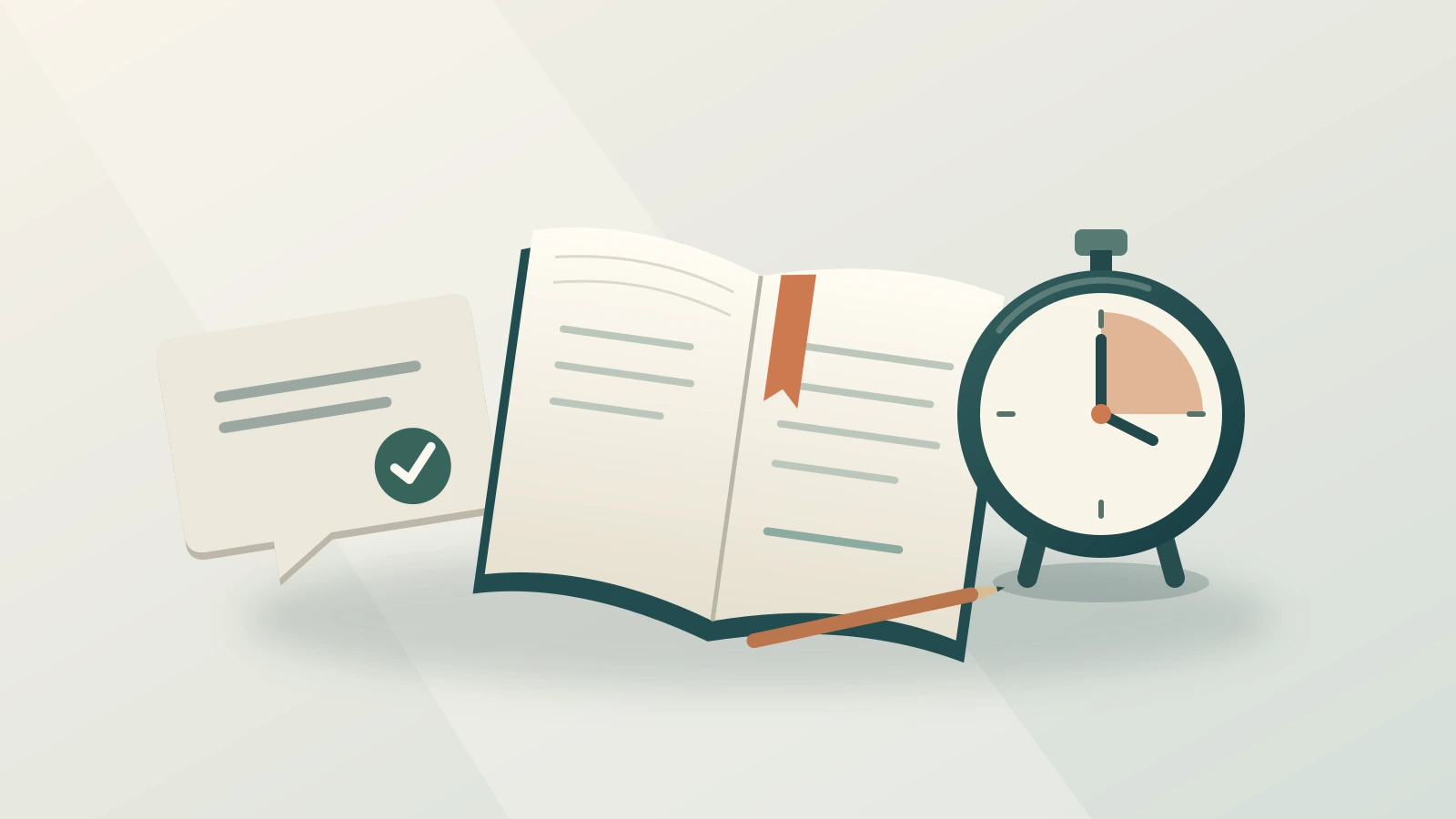 A closed conversation card beside an open notebook and a timer, suggesting time for follow-up work.