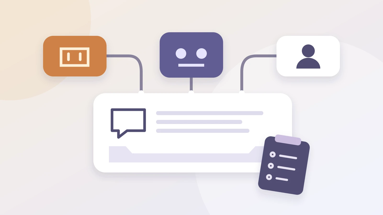 Two different agent modules and a human teammate connect to one shared conversation inbox, beside a separate review card.