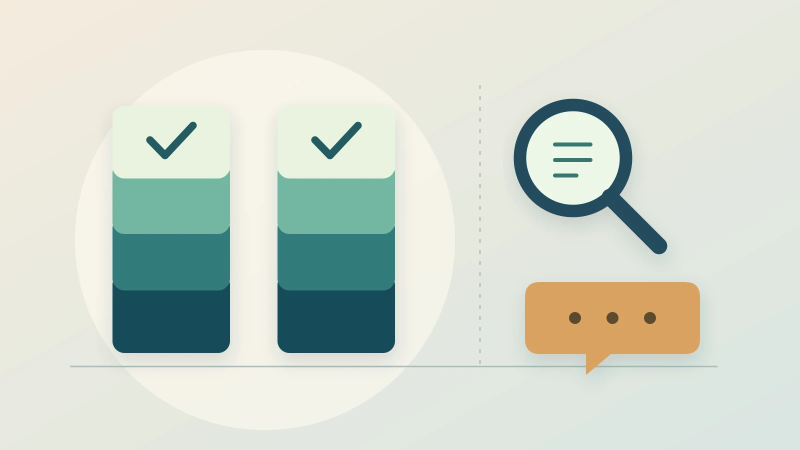 Two equal stacks of completed task tiles stand beside a magnifying glass and a separate customer feedback bubble.