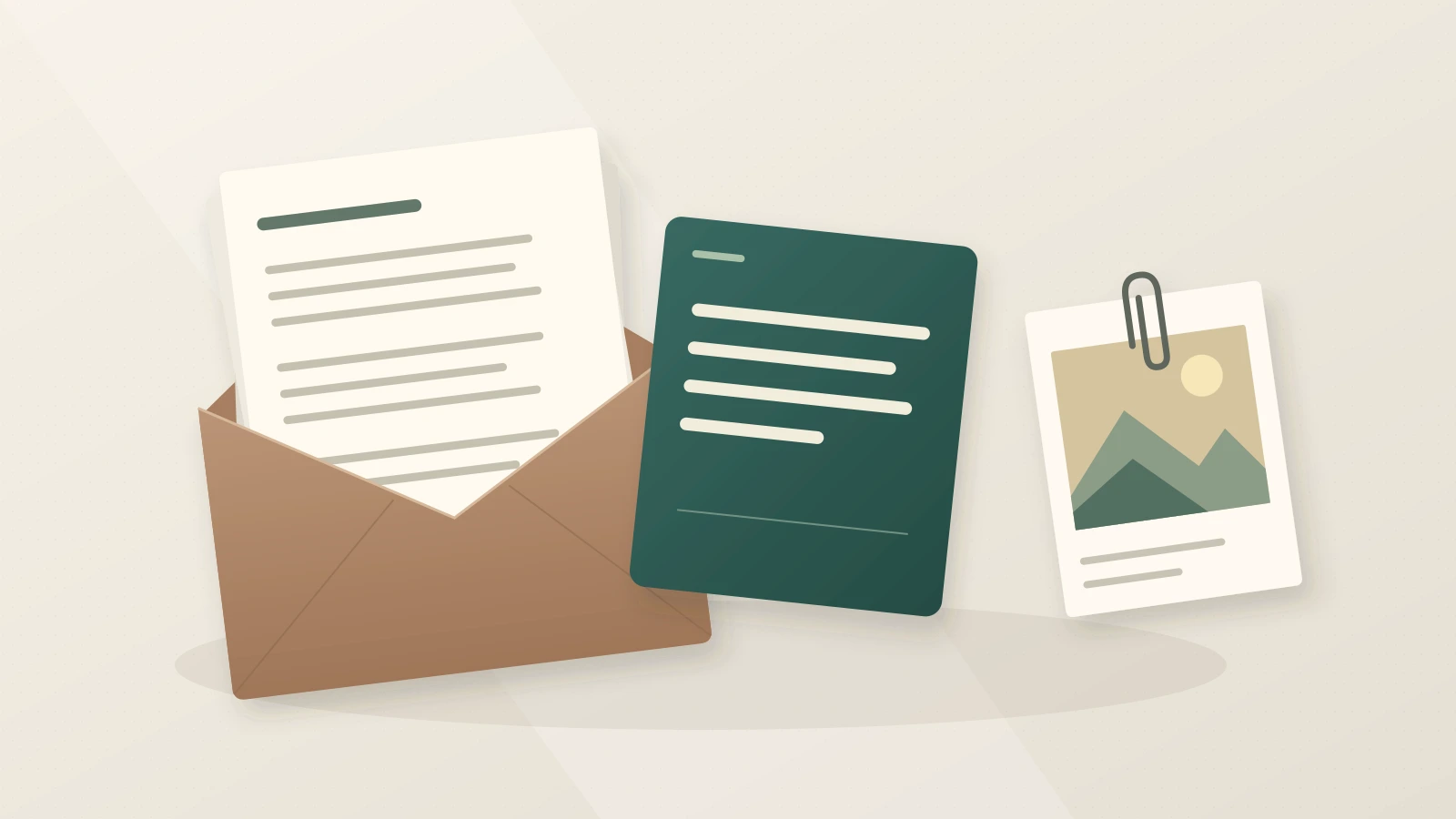 An open envelope holds a long stack of correspondence, with a short summary card and a separate clipped image beside it.