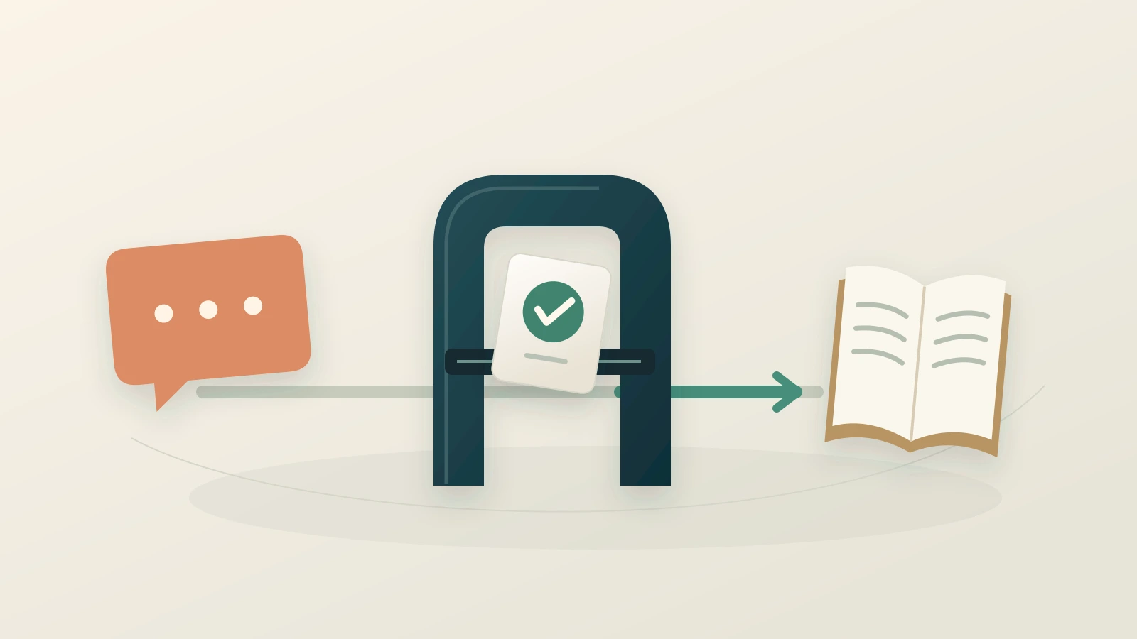Una tarjeta de resultado con una marca de verificación encaja en una compuerta entre una conversación y un libro de conocimiento abierto.