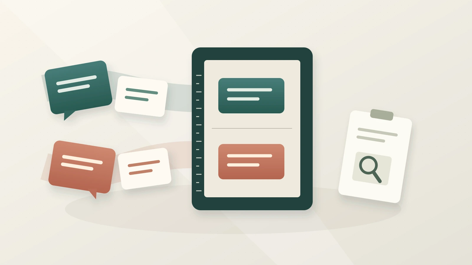 Two streams of conversation cards enter a shared measuring frame, with a separate inspection card beside it.