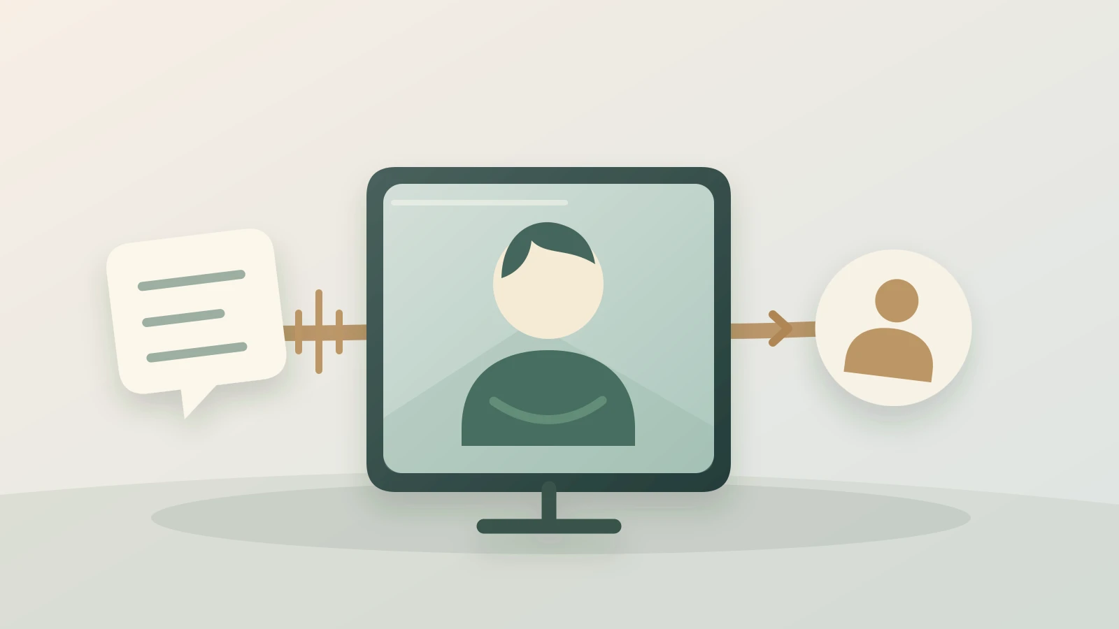 A conversation thread passes from a speech card through a video frame with a symbolic avatar toward a human handoff marker.
