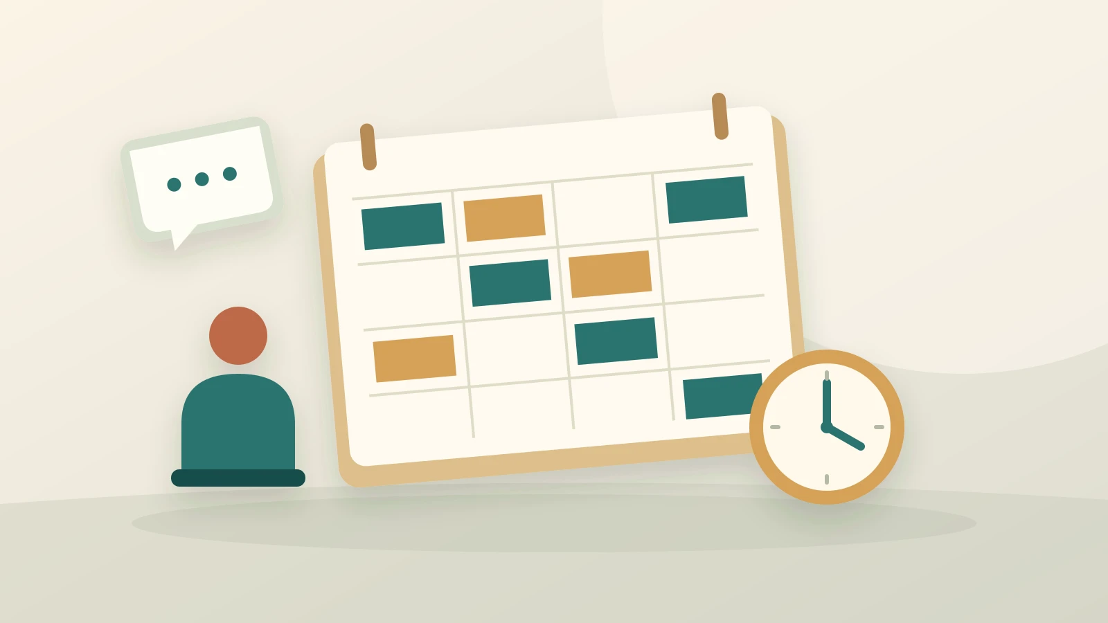 A paper staffing planner with colored time blocks stands beside a clock and a person marker, with conversation cards set apart from the schedule.