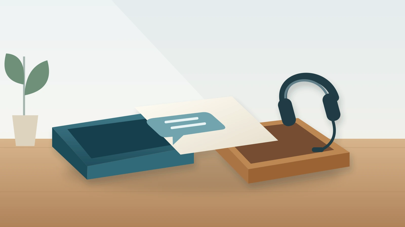 A paper conversation card rests between two receiving trays beside a headset, illustrating the handoff from an AI conversation to a human support desk.