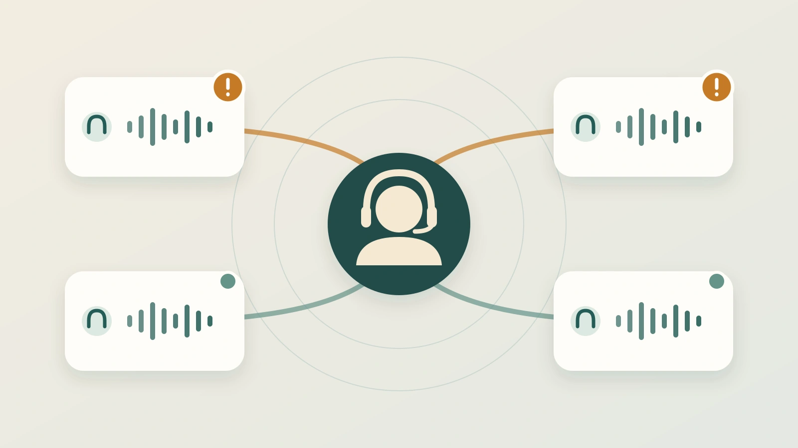 Four voice conversations connect to one human supervisor; two amber signals illustrate competing requests for attention.