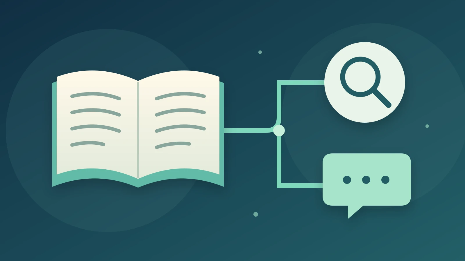 An open knowledge book connects to a search symbol and a conversation bubble.
